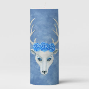 White Deer Mysterious Face Antlers Roses on Blue Pillar Candle