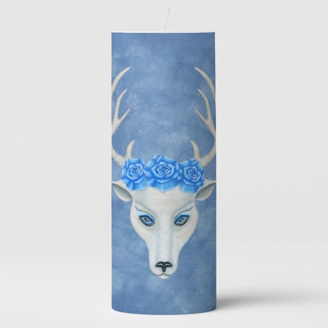 White Deer Mysterious Face Antlers Roses on Blue
