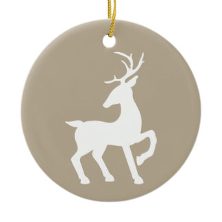 White Deer On Beige &amp; Custom Text On The Back Ceramic Ornament