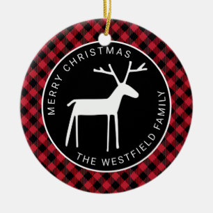 White Deer Red Buffalo Plaid Merry Christmas Name Ceramic Ornament