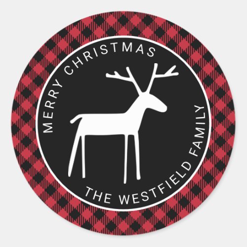 White Deer Red Buffalo Plaid Merry Christmas Name Classic Round Sticker