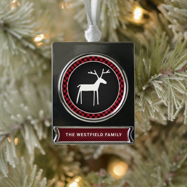 White Deer Red Christmas Buffalo Plaid Name Silver Plated Banner Ornament (Tree)