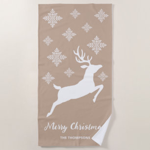White Deer Shape On Beige With Snowflakes & Text Beach Towel