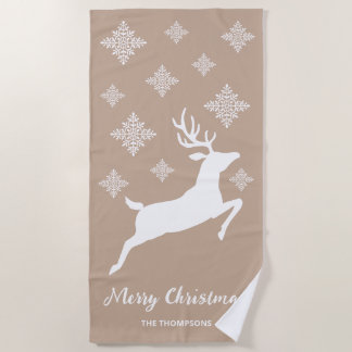 White Deer Shape On Beige With Snowflakes &amp; Text Beach Towel