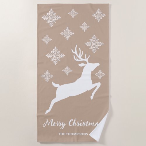 White Deer Shape On Beige With Snowflakes  Text Beach Towel