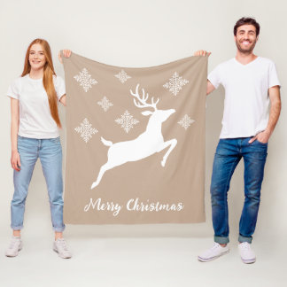 White Deer Shape On Beige With Snowflakes &amp; Text Fleece Blanket