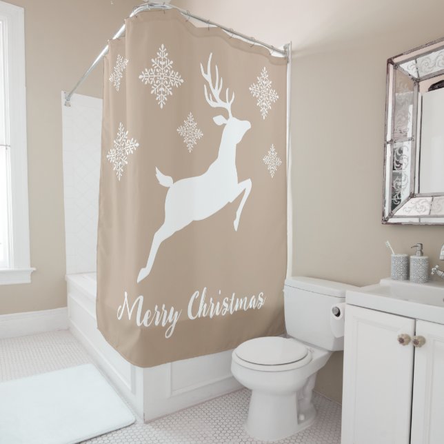 White Deer Shape On Beige With Snowflakes & Text Shower Curtain (In Situ)
