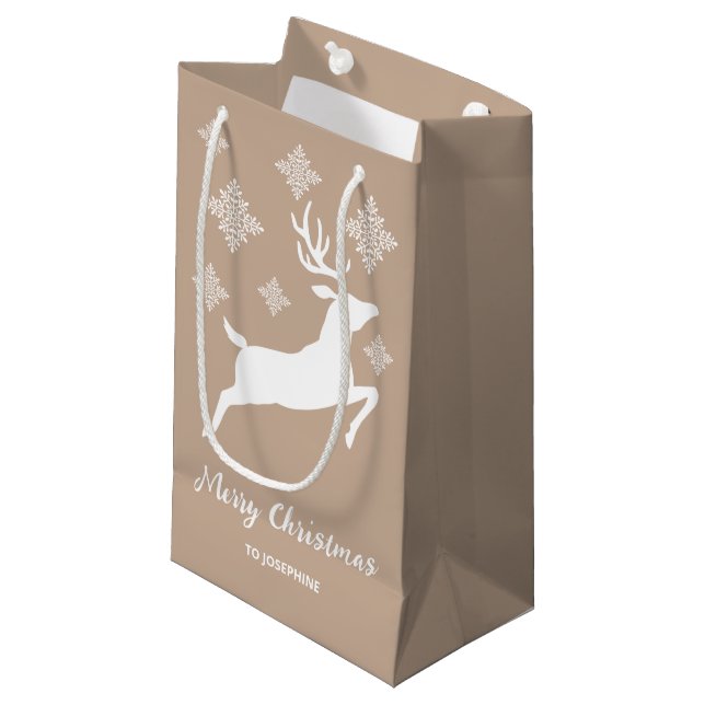 White Deer Shape On Beige With Snowflakes & Text Small Gift Bag (Front Angled)