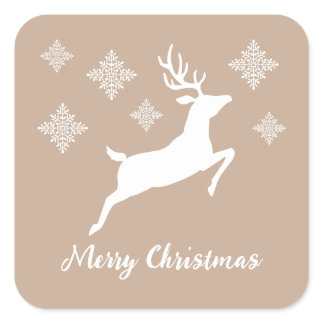 White Deer Shape On Beige With Snowflakes &amp; Text Square Sticker