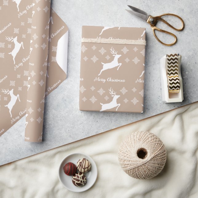 White Deer Shape On Beige With Snowflakes & Text Wrapping Paper (Crafts)