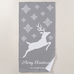 White Deer Shape On Gray With Snowflakes & Text Beach Towel