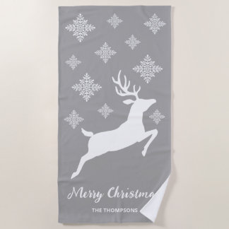 White Deer Shape On Gray With Snowflakes &amp; Text Beach Towel