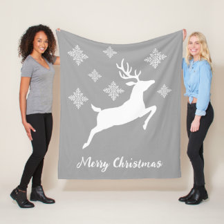 White Deer Shape On Gray With Snowflakes &amp; Text Fleece Blanket