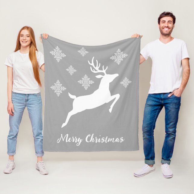 White Deer Shape On Gray With Snowflakes & Text Fleece Blanket (In Situ)