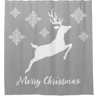 White Deer Shape On Gray With Snowflakes &amp; Text Shower Curtain
