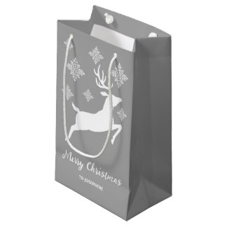 White Deer Shape On Gray With Snowflakes &amp; Text Small Gift Bag