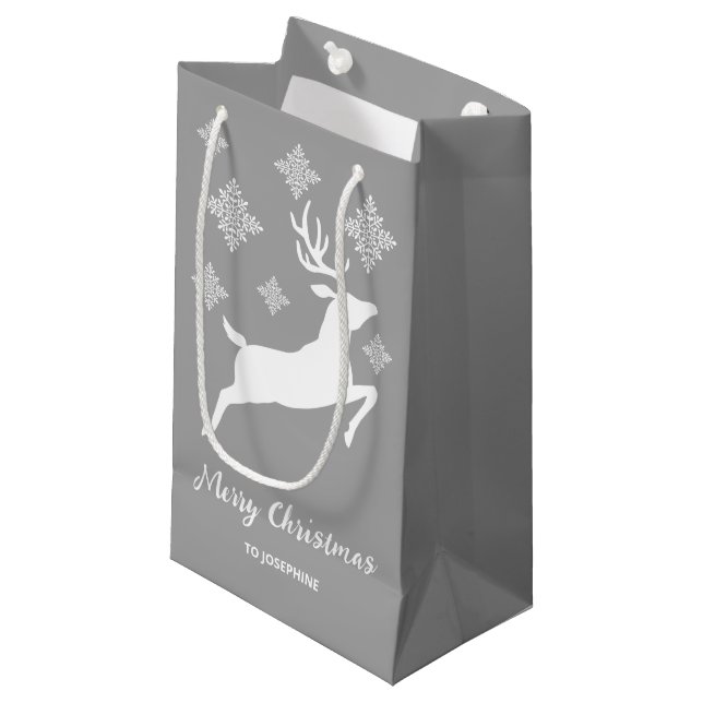 White Deer Shape On Gray With Snowflakes & Text Small Gift Bag (Front Angled)