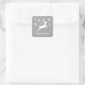 White Deer Shape On Gray With Snowflakes &amp; Text Square Sticker