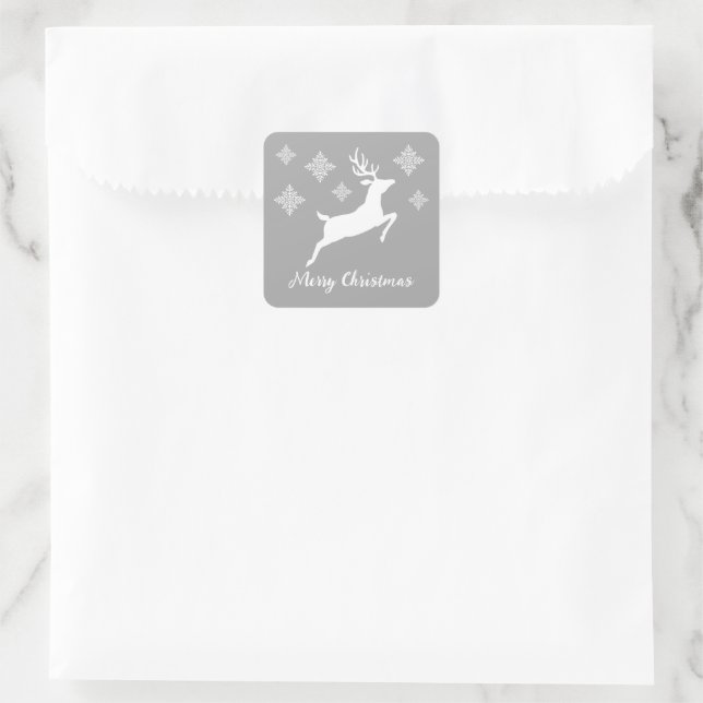 White Deer Shape On Gray With Snowflakes & Text Square Sticker (Bag)
