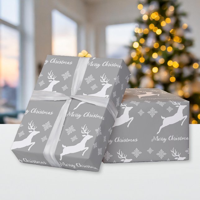 White Deer Shape On Gray With Snowflakes & Text Wrapping Paper (Creator Uploaded)