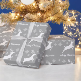White Deer Shape On Gray With Snowflakes &amp; Text Wrapping Paper