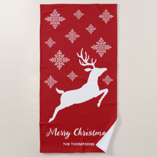 White Deer Shape On Red With Snowflakes &amp; Text Beach Towel