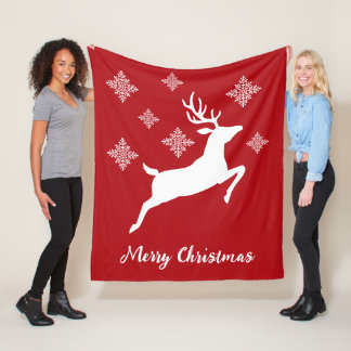 White Deer Shape On Red With Snowflakes &amp; Text Fleece Blanket