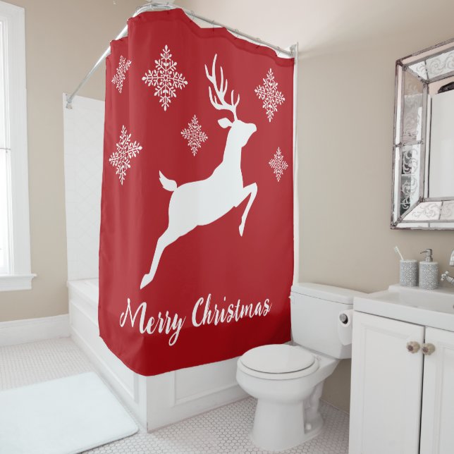 White Deer Shape On Red With Snowflakes & Text Shower Curtain (In Situ)