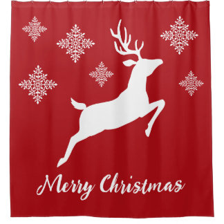 White Deer Shape On Red With Snowflakes &amp; Text Shower Curtain