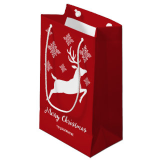 White Deer Shape On Red With Snowflakes &amp; Text Small Gift Bag