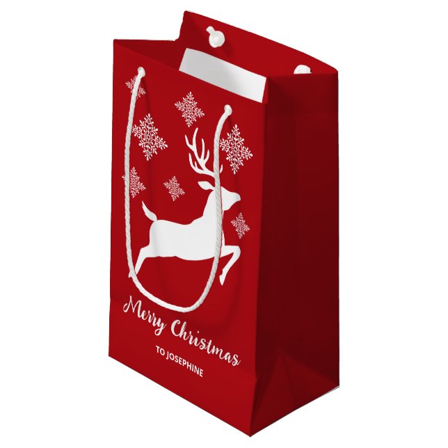 White Deer Shape On Red With Snowflakes & Text Small Gift Bag (Front Angled)