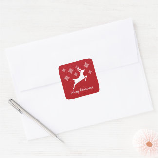 White Deer Shape On Red With Snowflakes &amp; Text Square Sticker