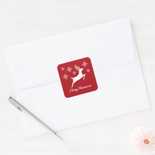 White Deer Shape On Red With Snowflakes  Text Square Sticker