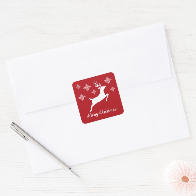 White Deer Shape On Red With Snowflakes & Text Square Sticker (Envelope)