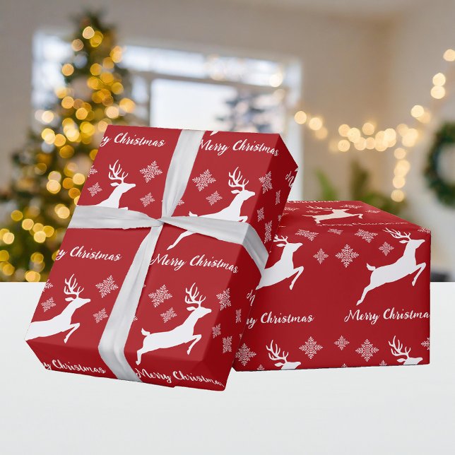 White Deer Shape On Red With Snowflakes & Text Wrapping Paper (Creator Uploaded)