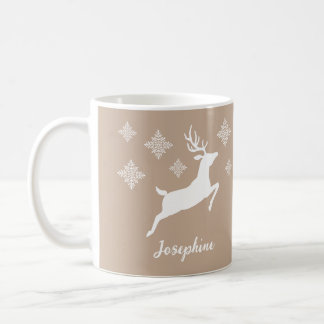 White Deer Shapes On Beige With Snowflakes &amp; Name Coffee Mug