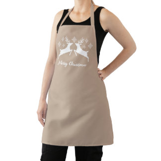 White Deer Shapes On Beige With Snowflakes &amp; Text Apron
