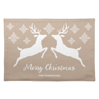 White Deer Shapes On Beige With Snowflakes &amp; Text Cloth Placemat