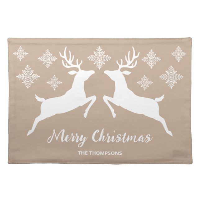 White Deer Shapes On Beige With Snowflakes & Text Cloth Placemat (Front)