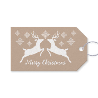White Deer Shapes On Beige With Snowflakes &amp; Text Gift Tags
