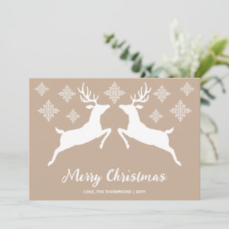 White Deer Shapes On Beige With Snowflakes &amp; Text Holiday Card