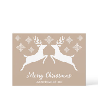 White Deer Shapes On Beige With Snowflakes & Text Holiday Card
