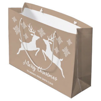 White Deer Shapes On Beige With Snowflakes &amp; Text Large Gift Bag