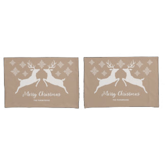 White Deer Shapes On Beige With Snowflakes &amp; Text Pillow Case