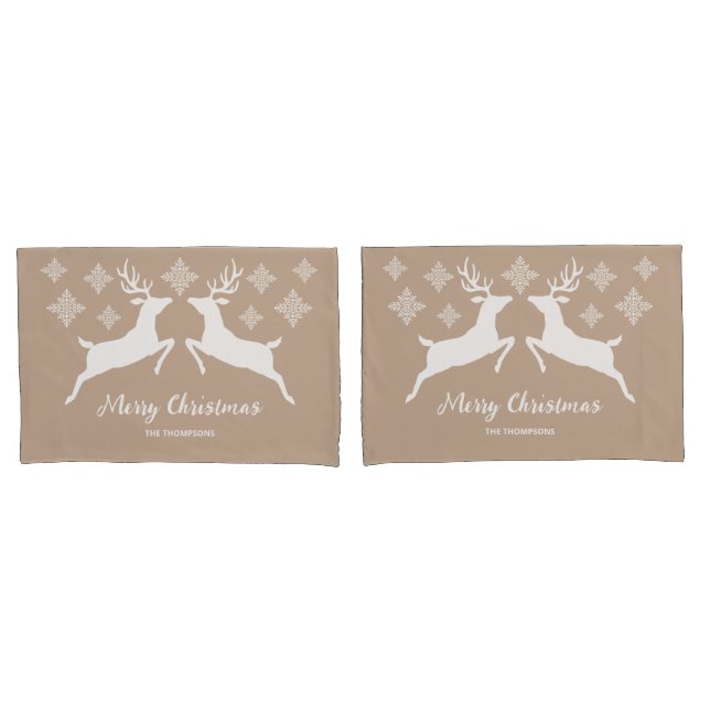 White Deer Shapes On Beige With Snowflakes & Text Pillow Case (Front-Set)