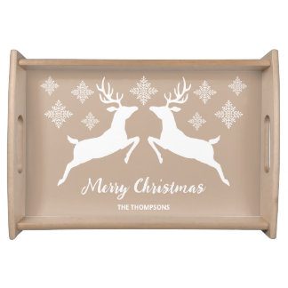 White Deer Shapes On Beige With Snowflakes &amp; Text Serving Tray