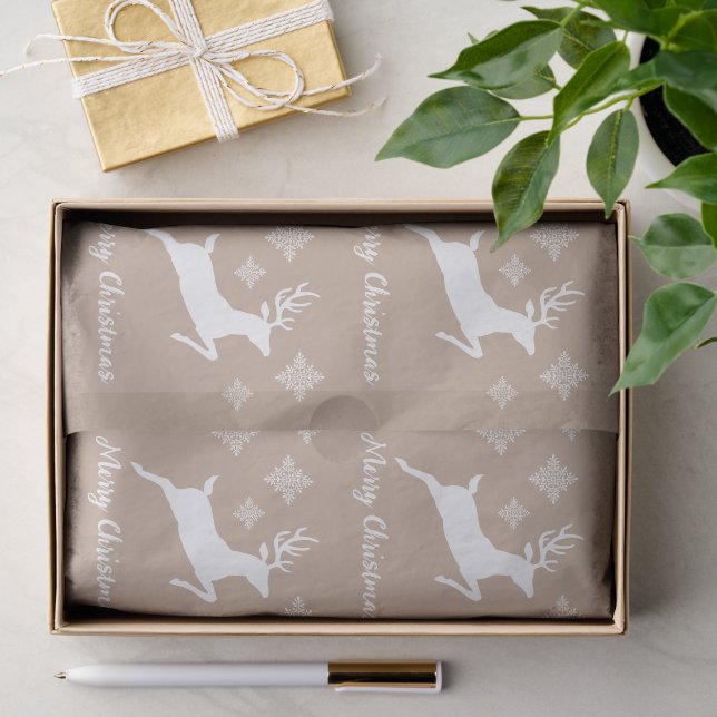 White Deer Shapes On Beige With Snowflakes & Text Tissue Paper (Gift)