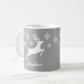White Deer Shapes On Gray With Snowflakes &amp; Name Coffee Mug