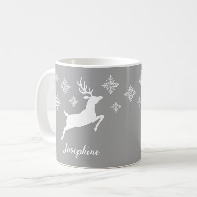 White Deer Shapes On Gray With Snowflakes & Name Coffee Mug (Front Left)