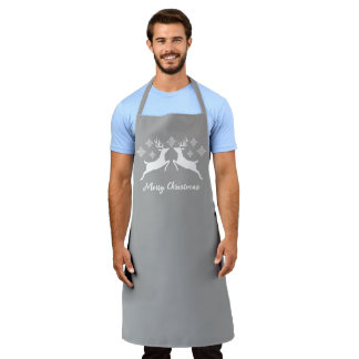 White Deer Shapes On Gray With Snowflakes &amp; Text Apron